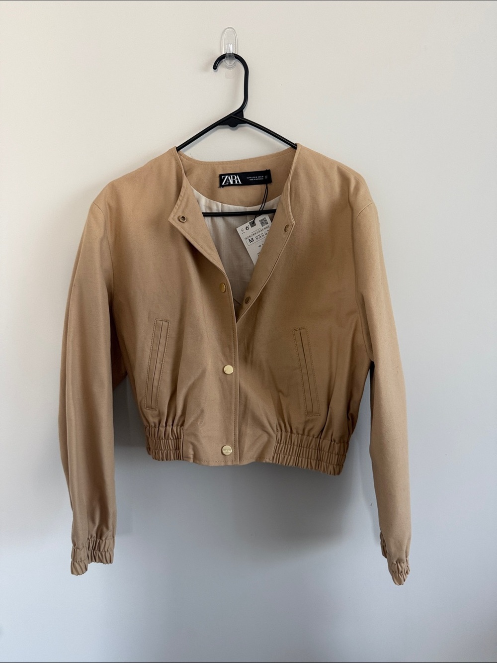 Zara Cropped Tan Bomber Jacket with Snap Front